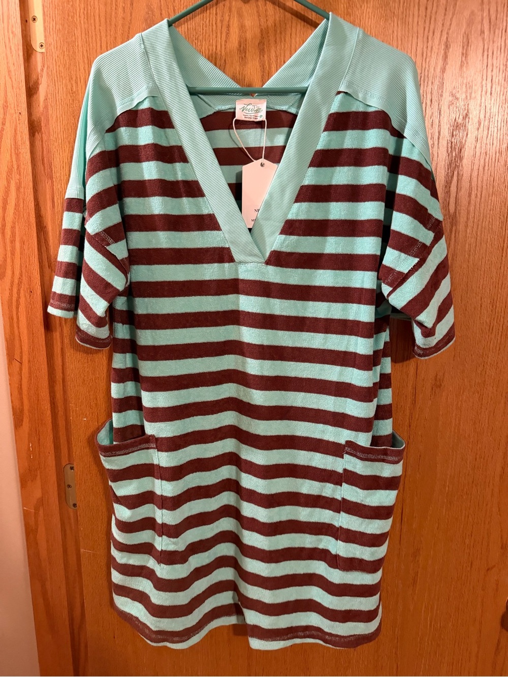 Striped Mint & Brown V-Neck Short Sleeve Terry romper with Pockets - Women's